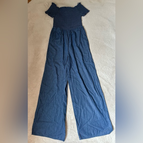 Denim Off The Shoulder Smocked Wide Leg Jumpsuit - Picture 2 of 5